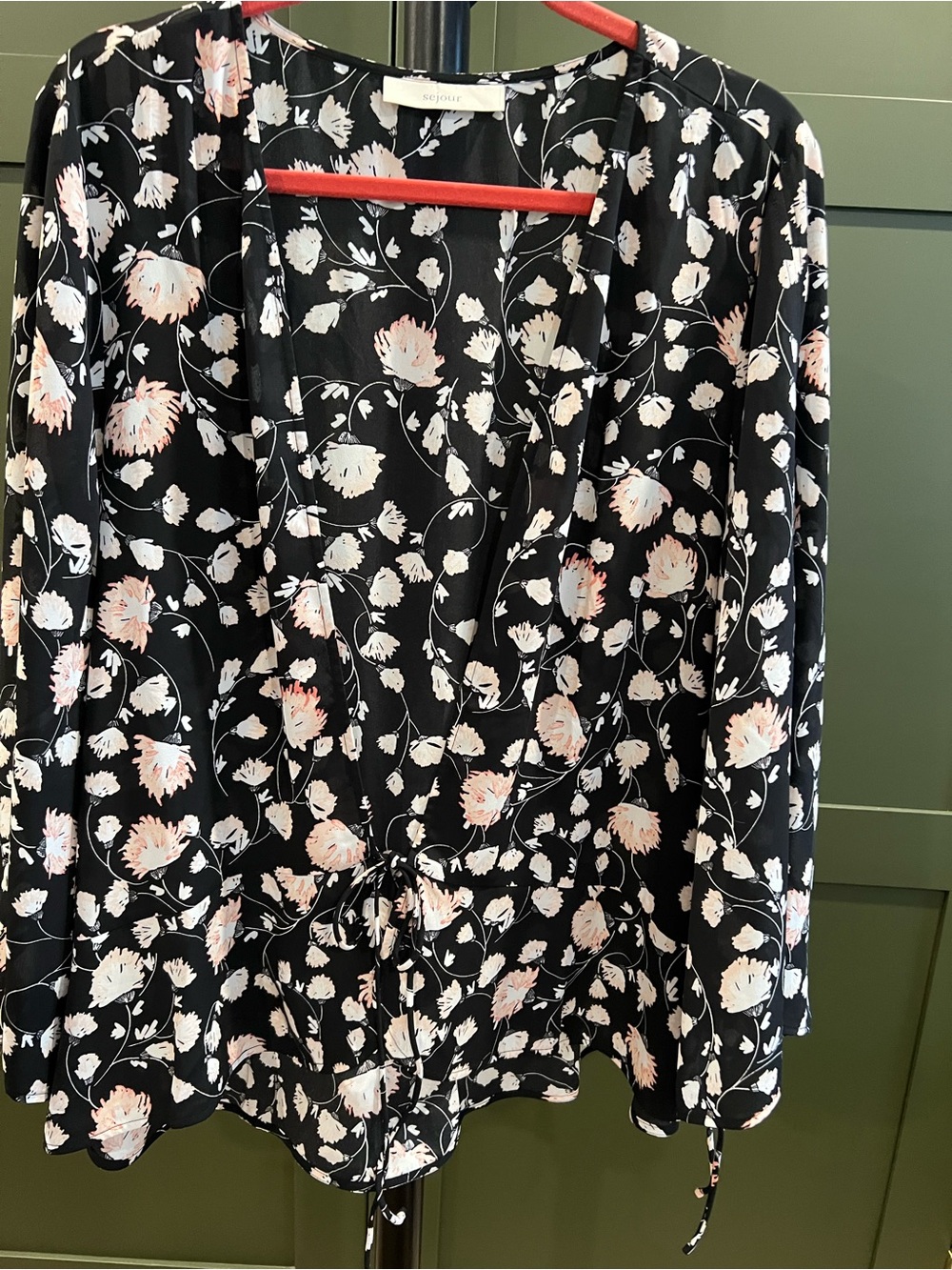 Sejour Black Floral V-Neck Tie-Waist Blouse with Pink & White Blooms